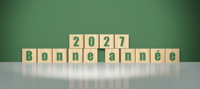 2027 Bonne Ann&eacute;e Cubes en Bois sur Fond Vert - rendu 3D
