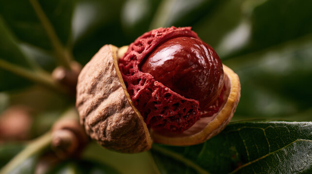 Ripe nutmeg fruit naturally split open on the tree revealing a glossy brown seed wrapped in vivid red mace