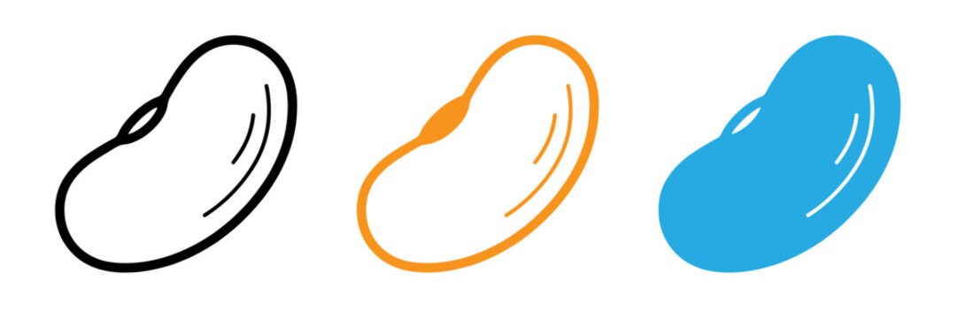 Set of three stylized kidney bean icons featuring black outline orange outline and solid blue fill designs