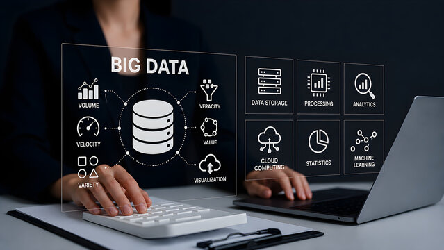 Big data concept with database server icon and data storage processing analytics visualization icons on virtual screen