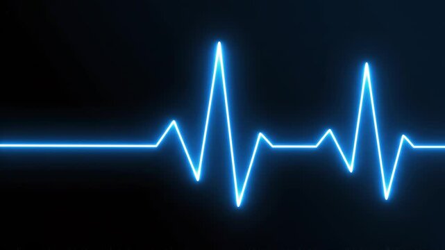 Digital EKG pulse wave evolving with blue neon glow on black background representing life and health