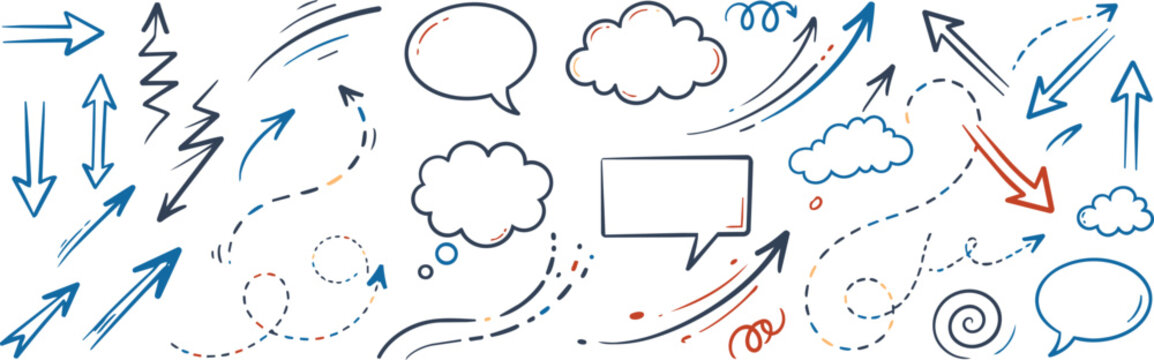 Set of blue and orange hand drawn arrows and speech bubbles on a transparent background, for digital annotation, and creative work