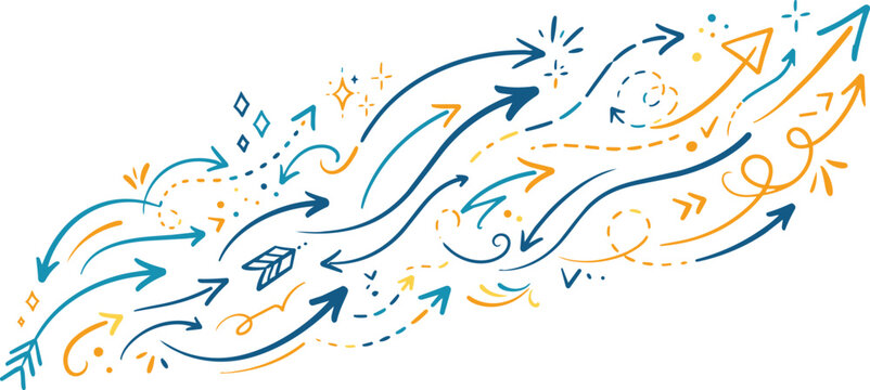 Set of blue and orange hand drawn arrows and star shapes on a transparent background, for digital annotation, and creative work