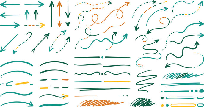 Set of hand drawn arrows and dividers in teal and orange colors with dashed lines and swirls isolated on a black background, for web