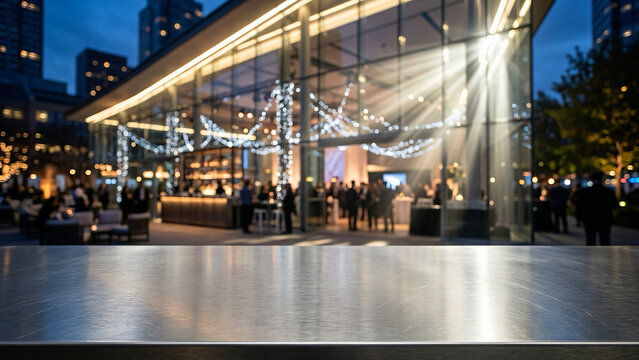 Warm Teak Wood Outdoor Table on Chic Rooftop Lounge with Ambient Warm Uplighting Luxury City Bokeh B
