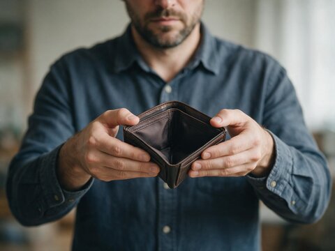 Worried man holding and opening an empty leather wallet showing financial struggle poverty debt and bankruptcy during recession