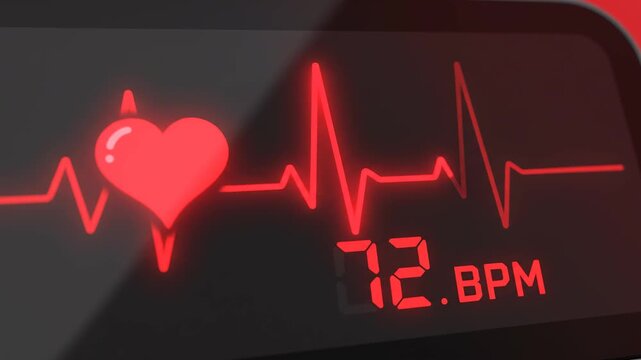 Digital heart monitor displaying steady pulse with glowing red cardiogram and numerical bpm during medical examination