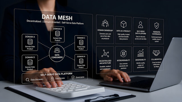 Data mesh concept decentralized domain oriented self serve data platform with domain data products architecture diagram
