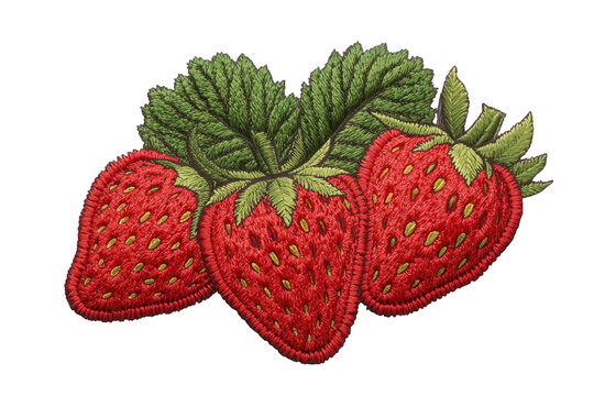 Three embroidered strawberry textile patches