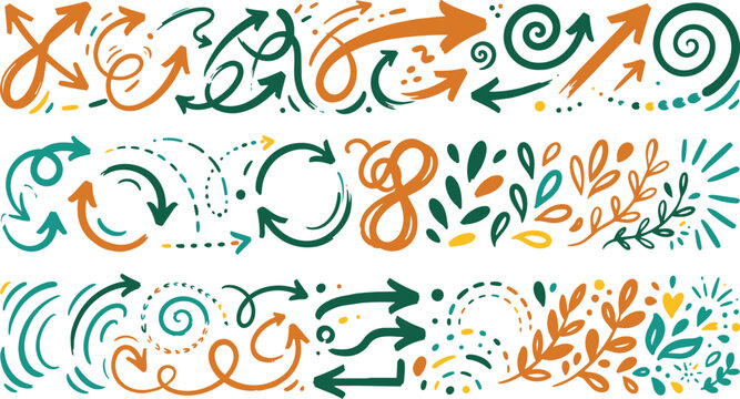 Set of hand drawn decorative arrows and organic leaf patterns in orange and teal colors on a black background, for artistic compositions