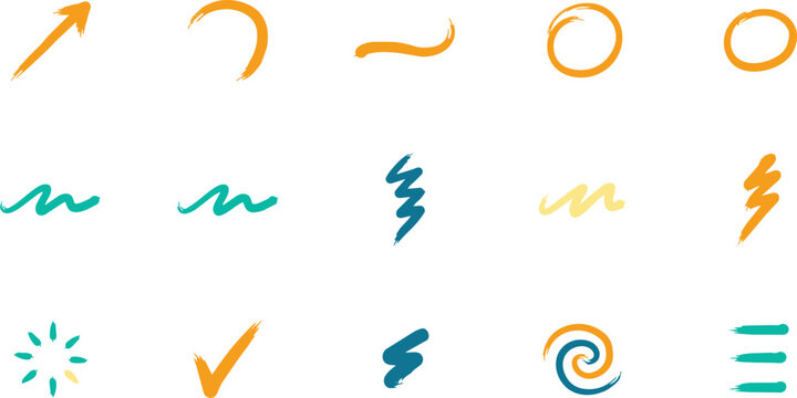 Set of hand drawn doodle including arrows, checkmarks, swirls, and lightning bolts in orange, teal, and yellow colors