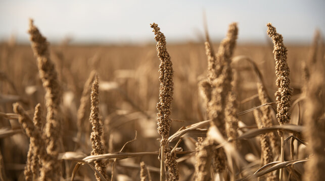 Sesame field with mature dry plants and ripe seed heads ready for harvest in warm golden sunlight