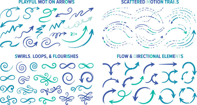 Set of hand drawn motion arrows, swirls, and loops in blue and teal colors on a black background, for and motion