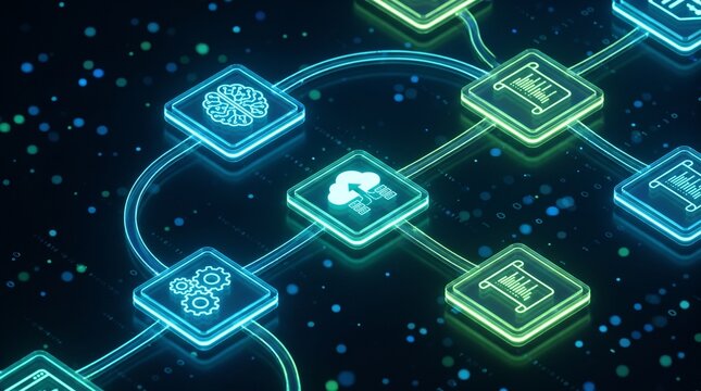 AI network node diagram with glowing icons for artificial intelligence workflow technology background