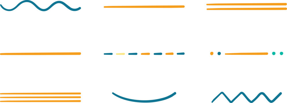 Set of various horizontal lines and wavy shapes in blue and orange colors isolated on a black background, hand drawn collection