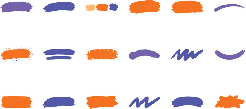 Set of various rectangular brush strokes and wavy lines in purple and orange colors isolated on a black background, hand drawn