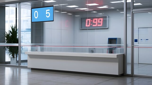 Modern service counter with digital queue display and red countdown timer in a clean glass walled commercial space