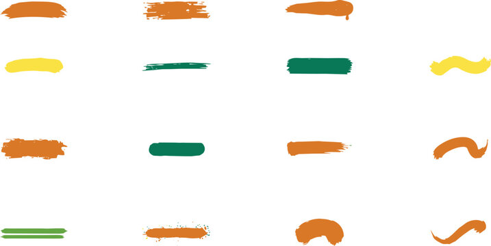 A collection of hand drawn brush strokes and wavy lines in orange, yellow, and green colors for highlighting and decorative accents