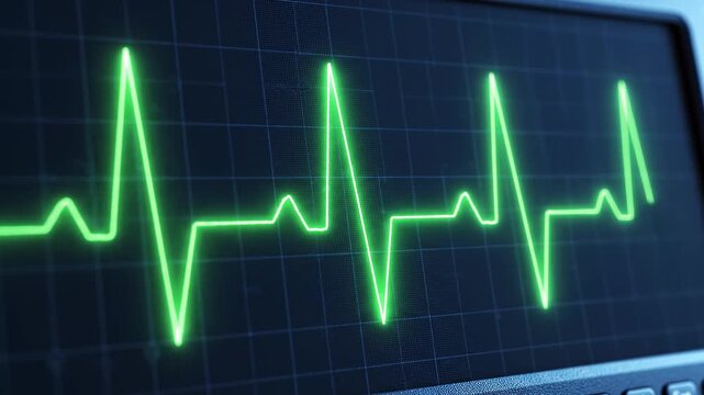 Ecg heart rhythm monitor display with green waveform against dark background cinematic motion