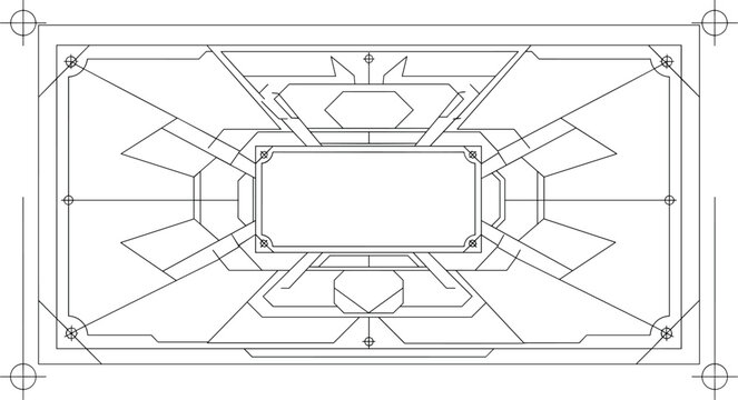 Futuristic technical drawing frame template with geometric line art pattern and registration marks