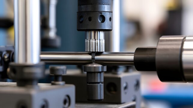 Close up of a metal tensile testing hine applying force to a cylindrical sample for material strength evaluation