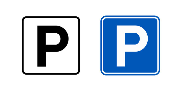 Parking sign icon set with letter P symbols in solid and blue styles. Vehicle parking signs for roads, public parking areas and traffic navigation