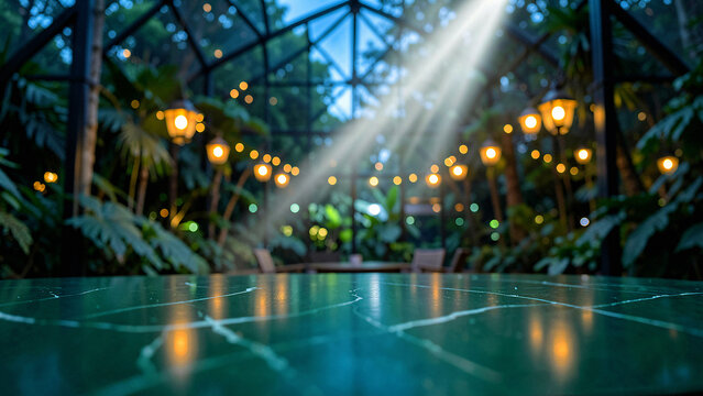 Terrazzo Tabletop With Embedded Marble Flecks on Chic Rooftop Lounge with Ambient Warm Uplighting Lu