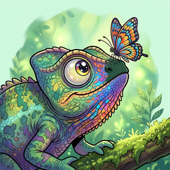Fototapeta premium Cute Colorful Chameleon Resting on a Tree Branch with a Small Butterfly Sitting on Its Nose