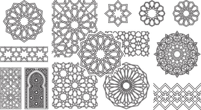 Set of islamic geometric featuring star mandalas, interlocking lattice patterns, decorative borders, and ornate arched doorways