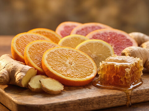 Close-up of citrus slices, fresh ginger root, and honeycomb drizzling honey with warm light
