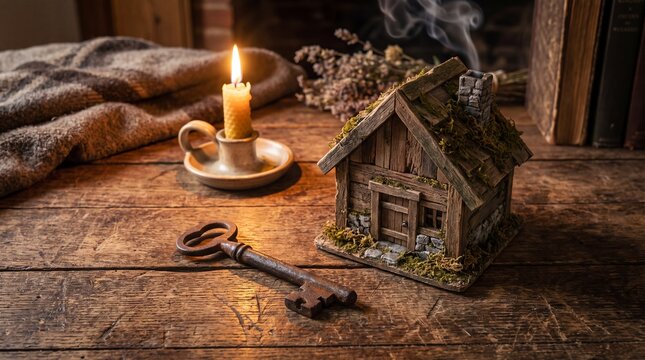 Digital property transaction concept with glowing key and house hologram on blue background, real estate technology and smart home illustration