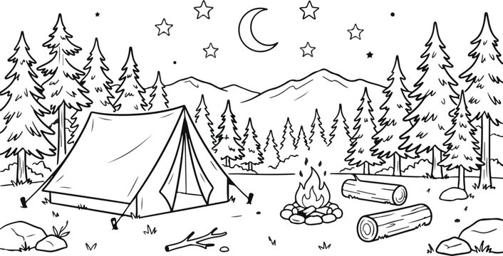 Black and white line art illustration of a peaceful camping scene with a tent campfire and pine trees