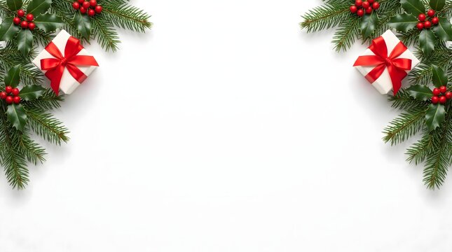Festive christmas background with holly berries and beautiful red gift bows for holiday celebrations