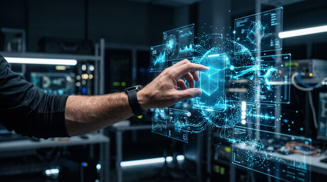 Professional engineer interacts with advanced holographic user interface featuring glowing data visualizations inside a modern high tech research server laboratory