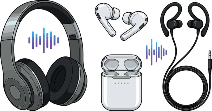 Headphones and Earbuds Set with Charging Case and Audio Waves