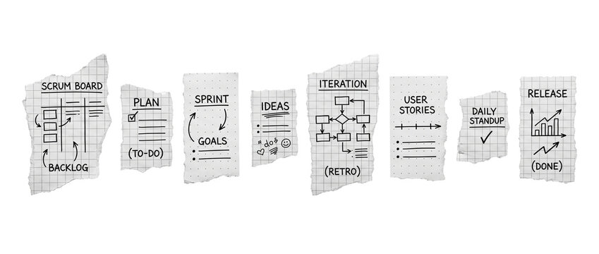 Agile Scrum board project management diagram drawn on torn paper notes for software development workflow, team planning, sprint backlog, retro, and user stories. Minimalist business strategy set.