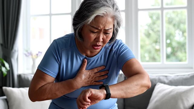 Elderly woman experiencing chest pain checking smartwatch with concerned expression indoors