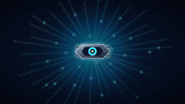 Futuristic digital eye icon glowing with digital light beams and network connections