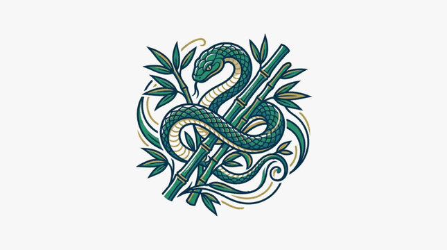 Green snake coiled around bamboo stalks with leaves, circular vector illustration, vintage woodcut style, reptilian scales and organic foliage details on white background.