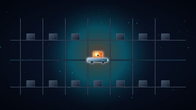 Futuristic autonomous vehicle navigating through a digital grid network in dark cyberspace