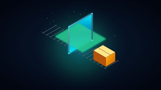 Abstract isometric illustration of a package passing through a digital scanner or portal