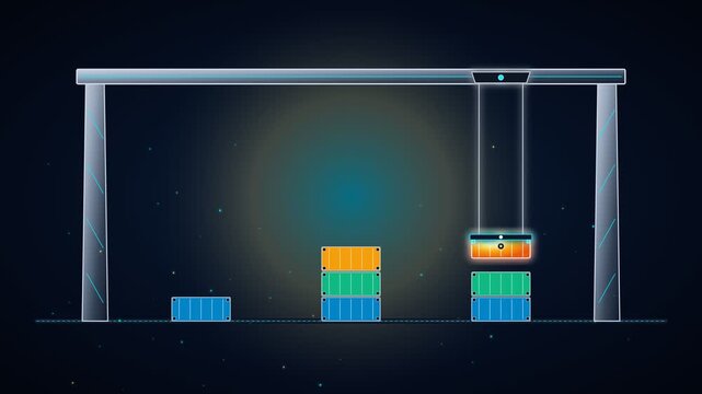 Abstract industrial crane lifting colorful blocks in a digital data concept