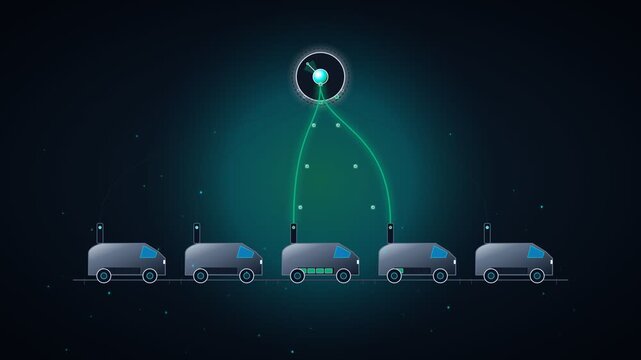 Autonomous delivery vans receiving wireless data connection from a central hub in a futuristic digital network