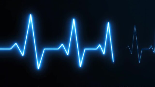 Electrocardiogram wave pulsing with blue neon light against a dark background signifying life and health