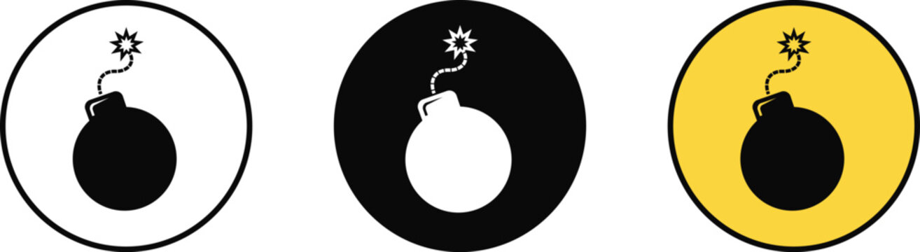 Explosive material warning circular caution signs icons set for hazard and safety alert. Collection of bomb danger symbols in line, filled and yellow styles. Hazard warning attention vector symbol.