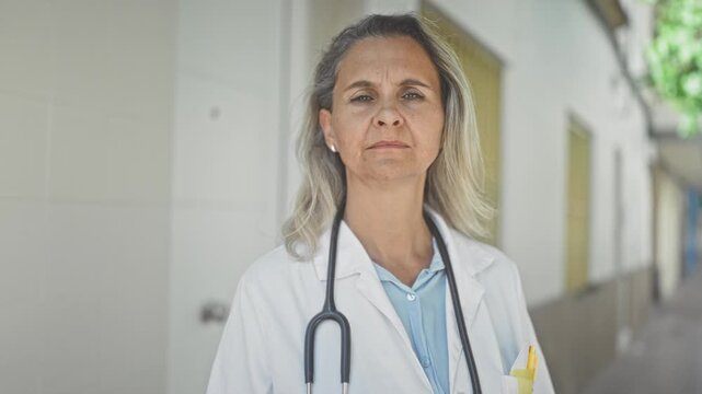 Woman doctor with stethoscope stands facing camera in a building corridor, neutral expression and hands by sides; calm determination.