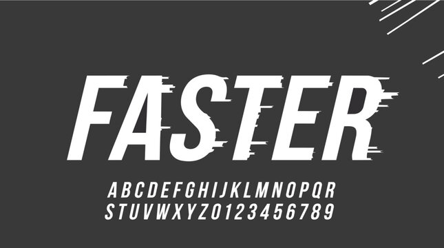 A stylish italic font named faster in white on a black background, with an accompanying alphabet and number set