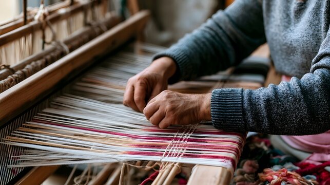 A person s hands carefully weaving colorful threads on a traditional wooden loom in a well lit workshop