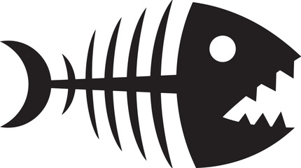 Black and white of a fish skeleton with sharp teeth, spine, ribs, and a curved tail fin bone seafood © Msaga