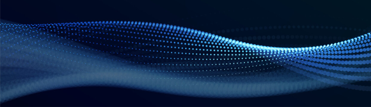 Abstract blue technology banner wave made of halftone dots, creating a futuristic digital background for AI, data, networking, innovation and modern technology concepts.